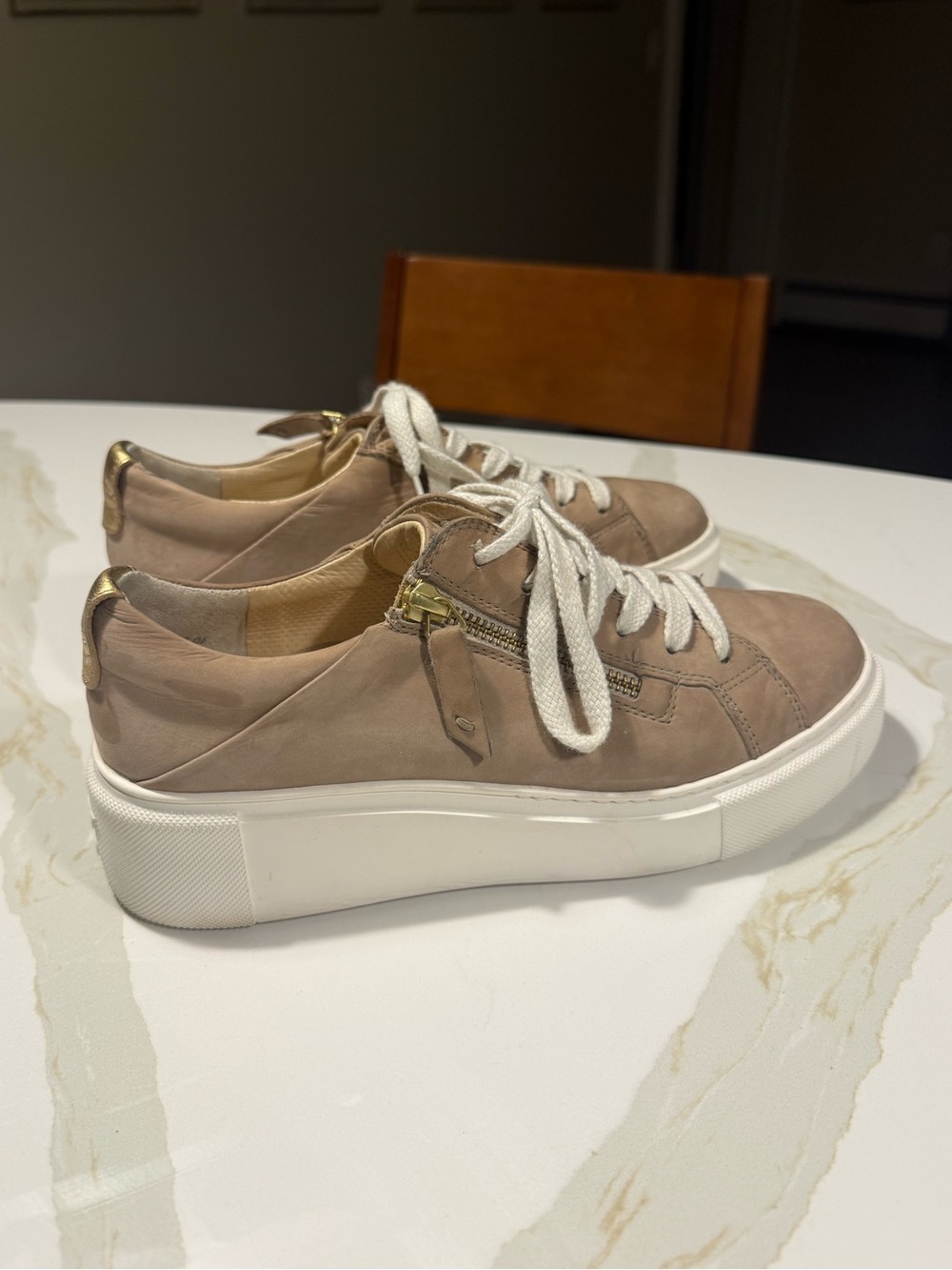 Paul Green Tan Suede Platform Sneakers with Gold Zipper